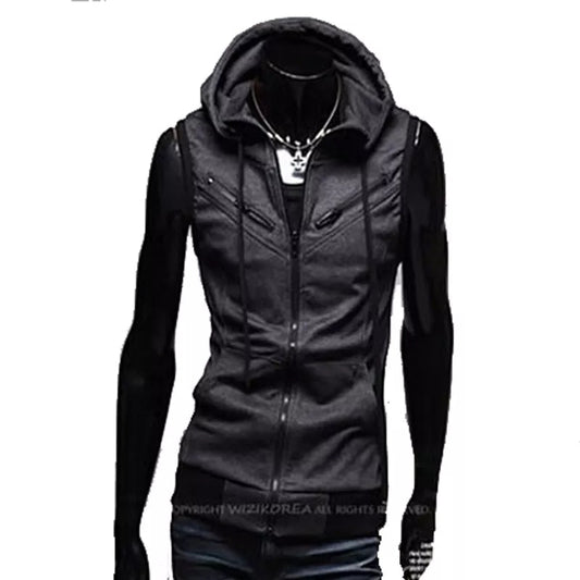 Dark Grey Sleeveless Hooded Zipper Sport Gym Warm