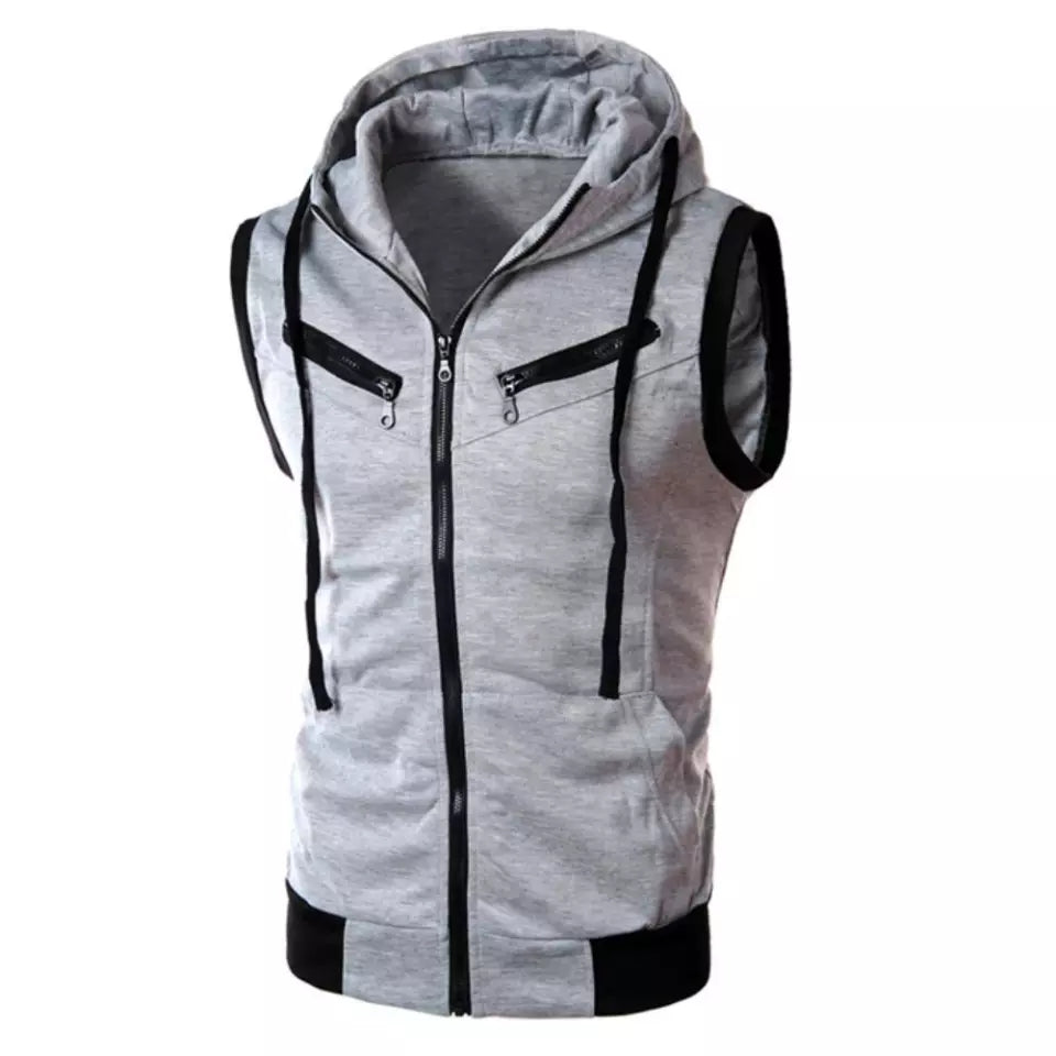 Grey Sleeveless Hooded Zipper Sport Gym Warm