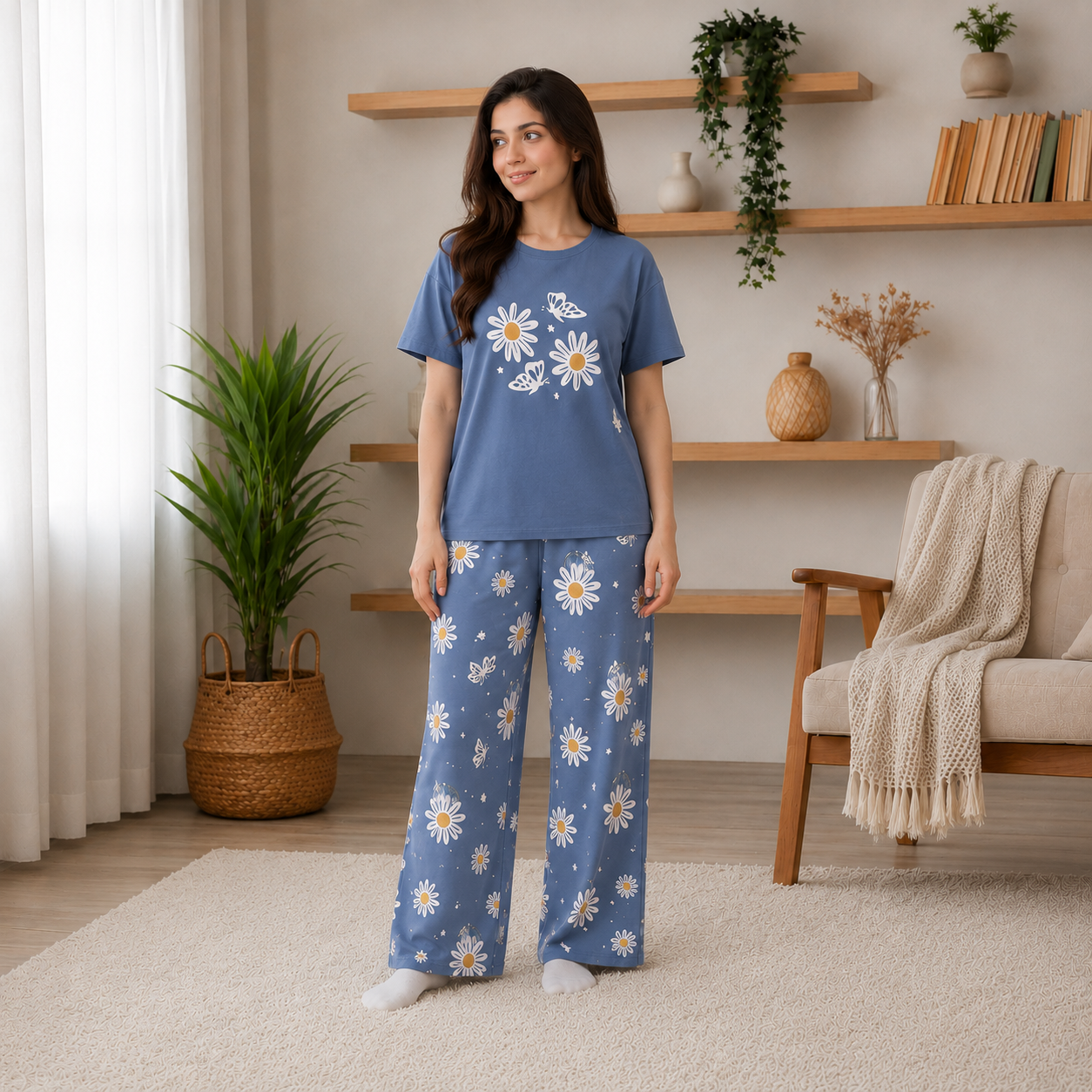 Women's Pink Floral Printed Cotton Pajama Set