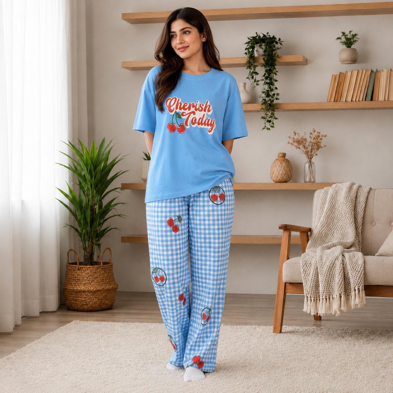 Women's Cherry Print Cotton Sleepwear Set