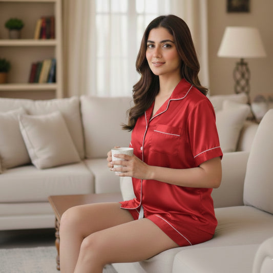 New Pipin Silk Night Suit Shirt Short Set