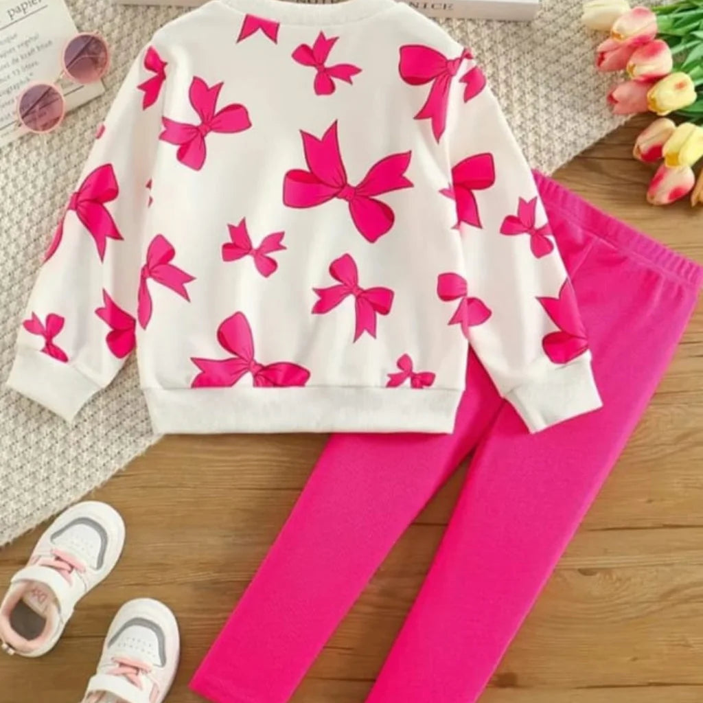 Pink Heart Printed Girls Sweatshirt Set