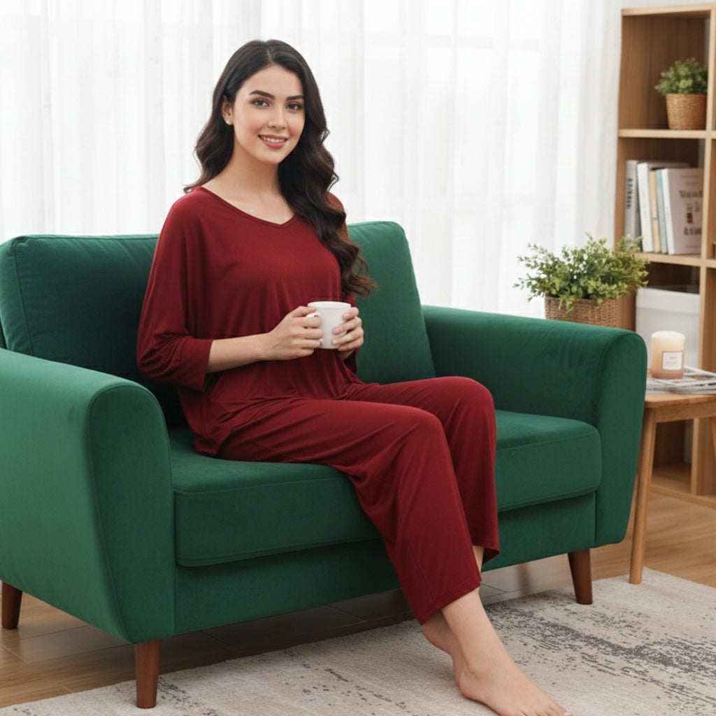 Red V-Neck Women Night Suit PJ Set ARTICLE NO# 56