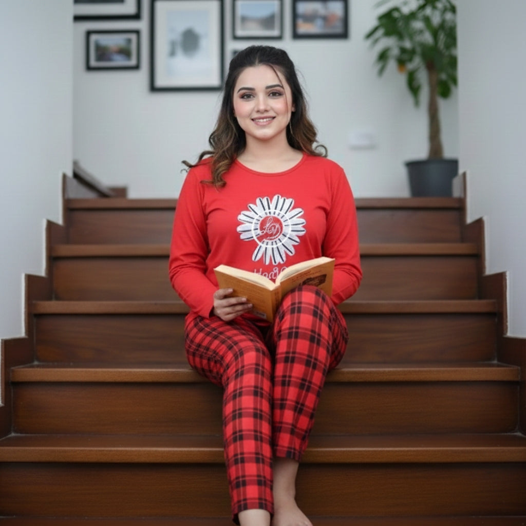 Red Flower Check Sleeping Wear Pajama