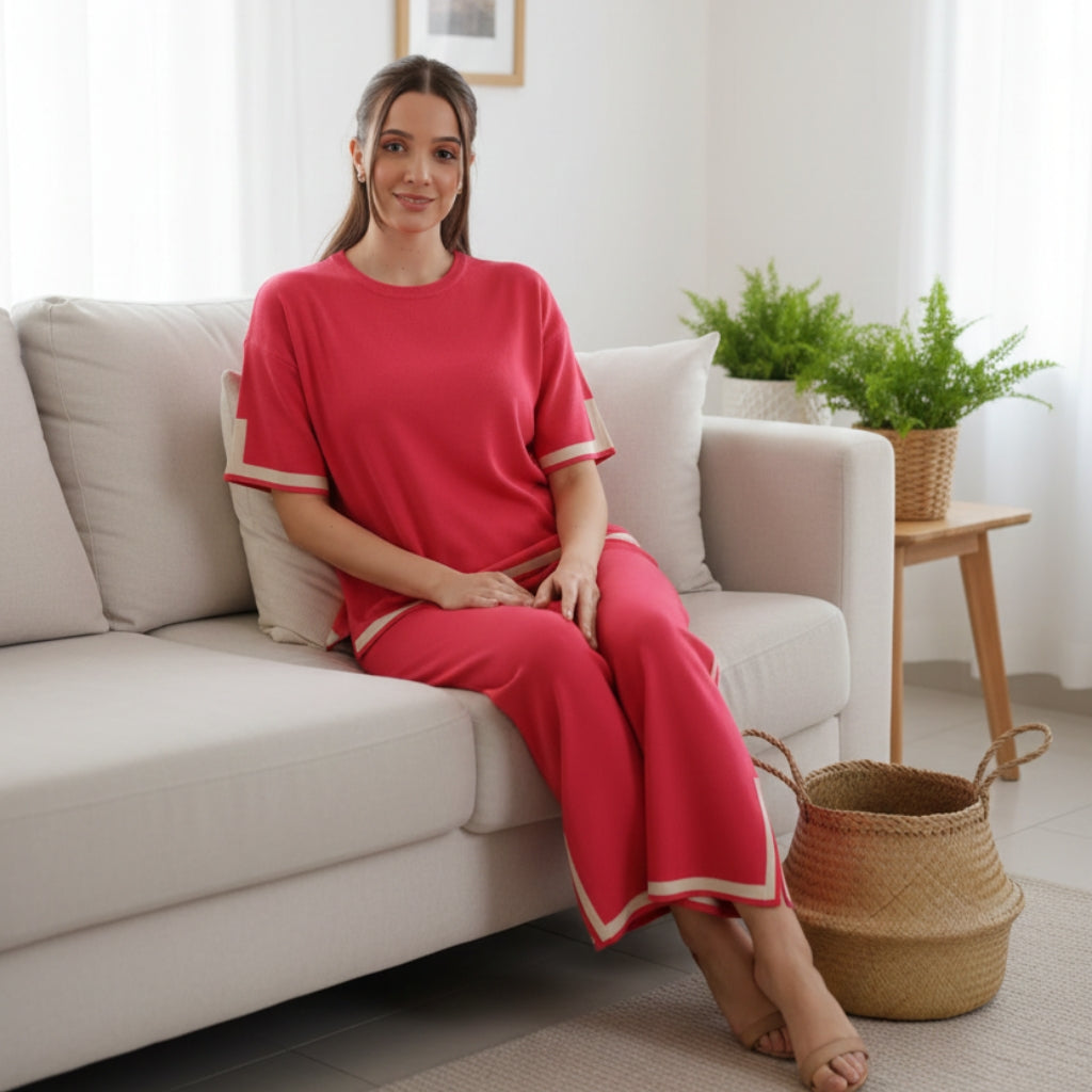 Lounge wear 2 pieces set short sleeve long pant pajama for women matching outfit casual loose home suit wear