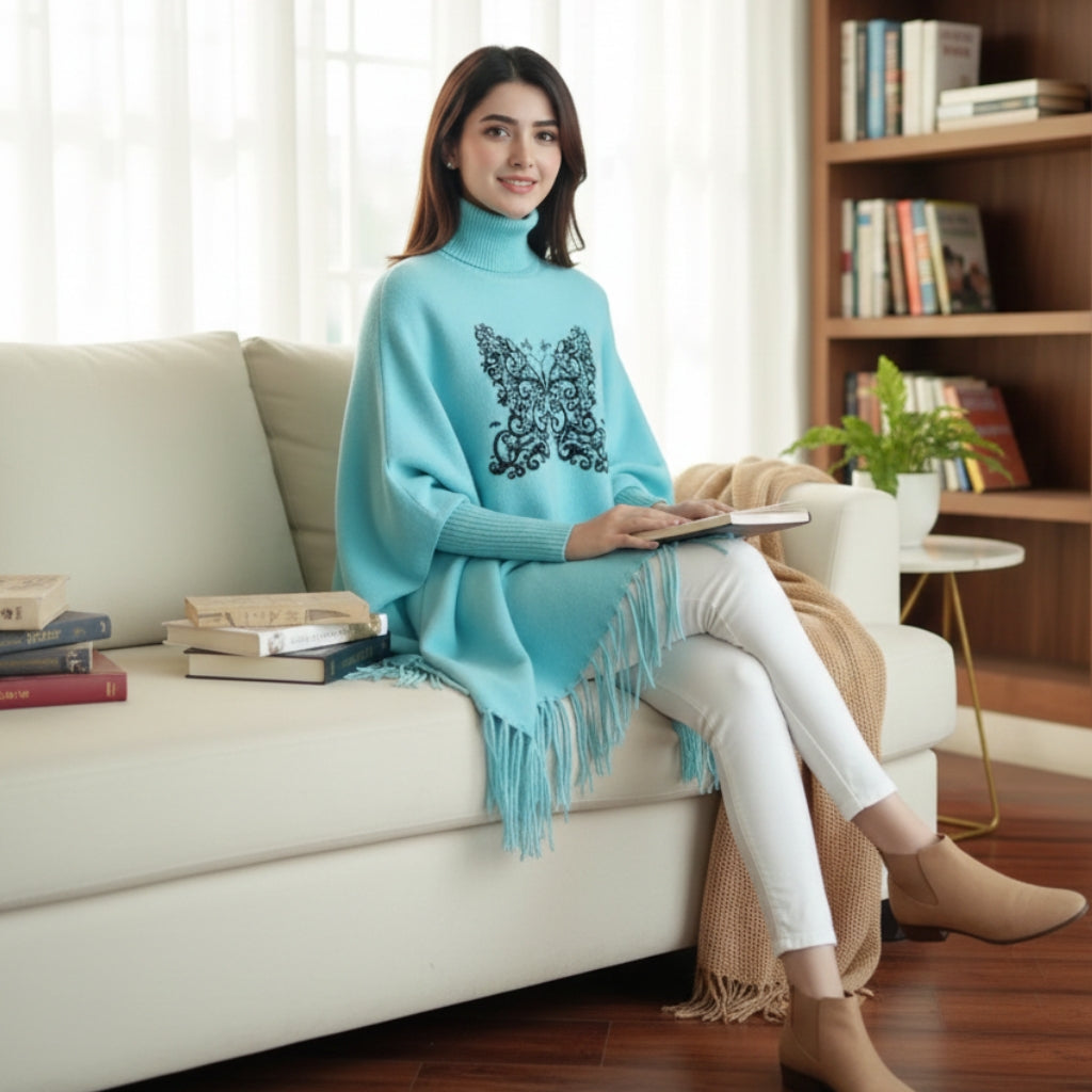 Cyan Butterfly Printed Poncho