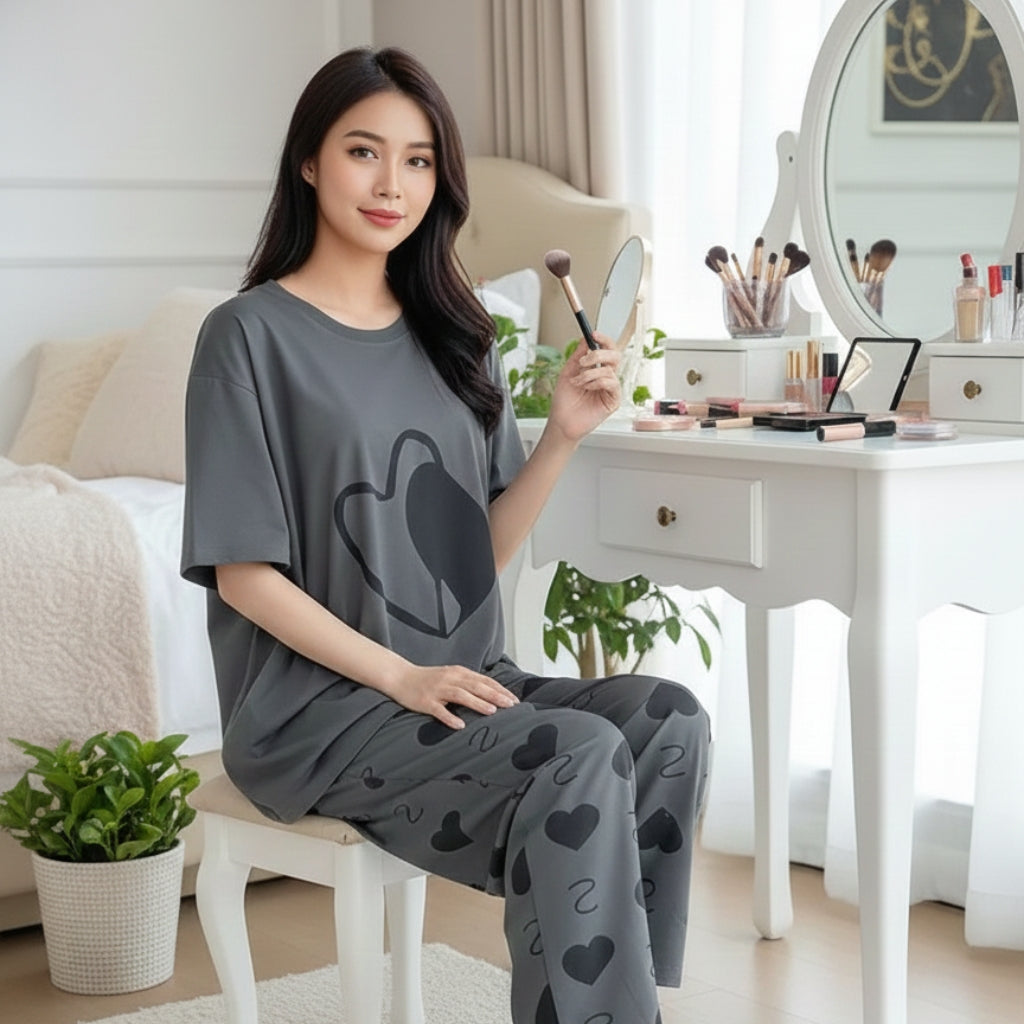 Charcoal Grey Heart Printed Half Sleeve Nightsuit