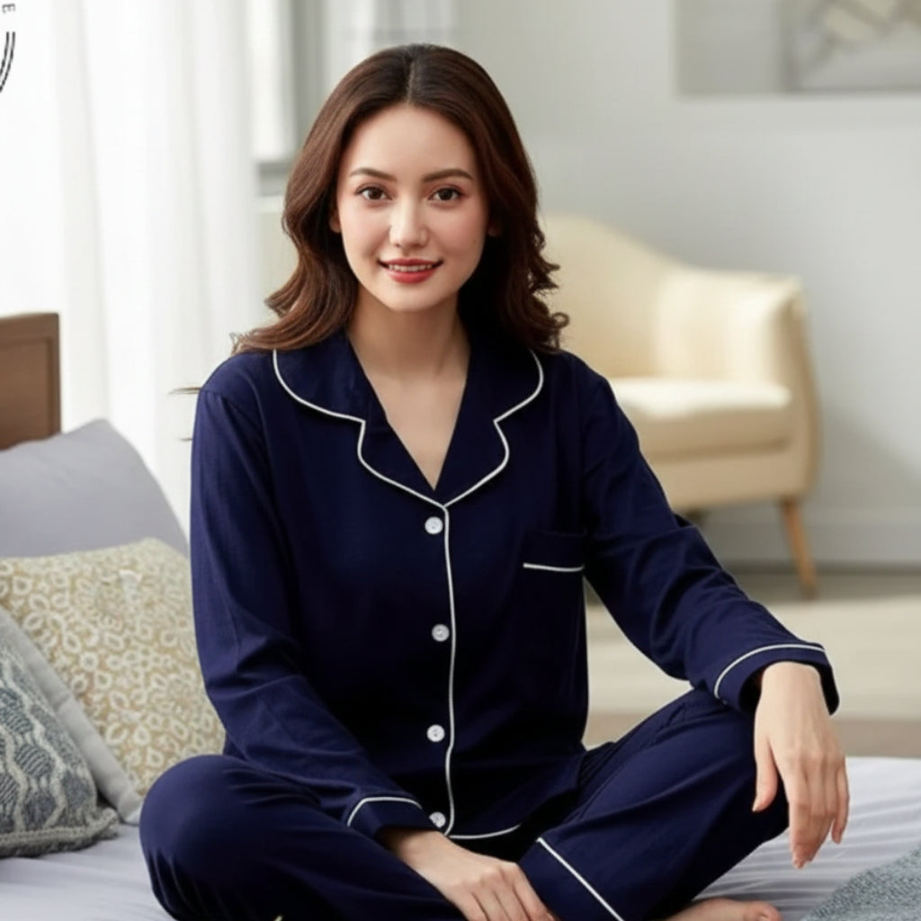 Blue Silk Night Suit Turn Down Collar Long Sleeves