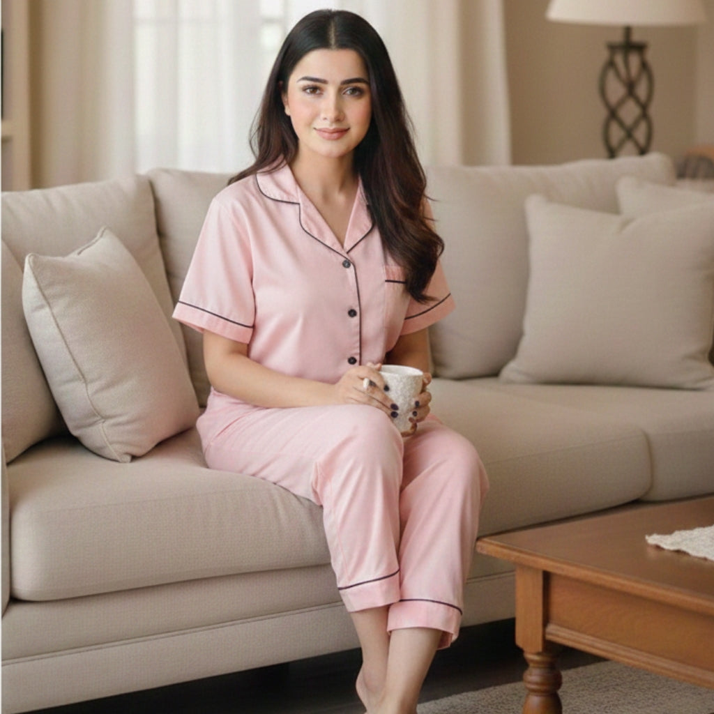 Baby Pink Silk Night Suit Turn Down Collar Long Sleeves