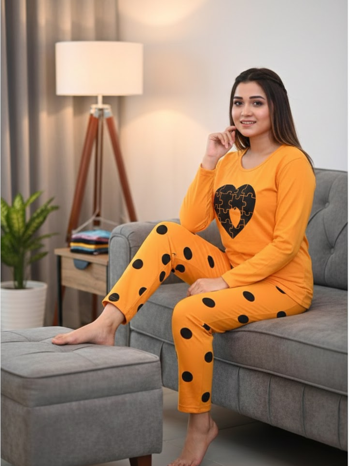 Yellow Heart Puzzle Ladies Nightsuit