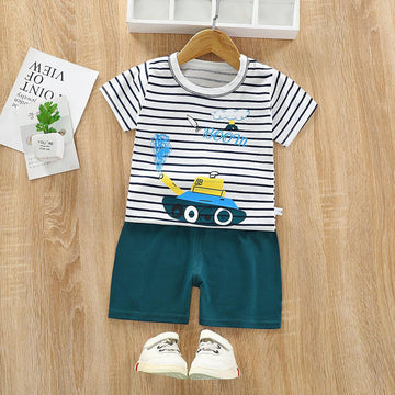 203- Green White Tank Print Kids Short