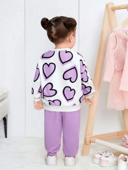 Girls Cozy Heart Design Purple And White Winter Co-Ord Set
