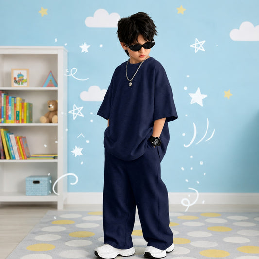 Kids Premium Oversized Streetwear Co-Ord Set Unisex Drop-Shoulder Tee & Relaxed Wide-Leg Tracksuit (Navy Blue)