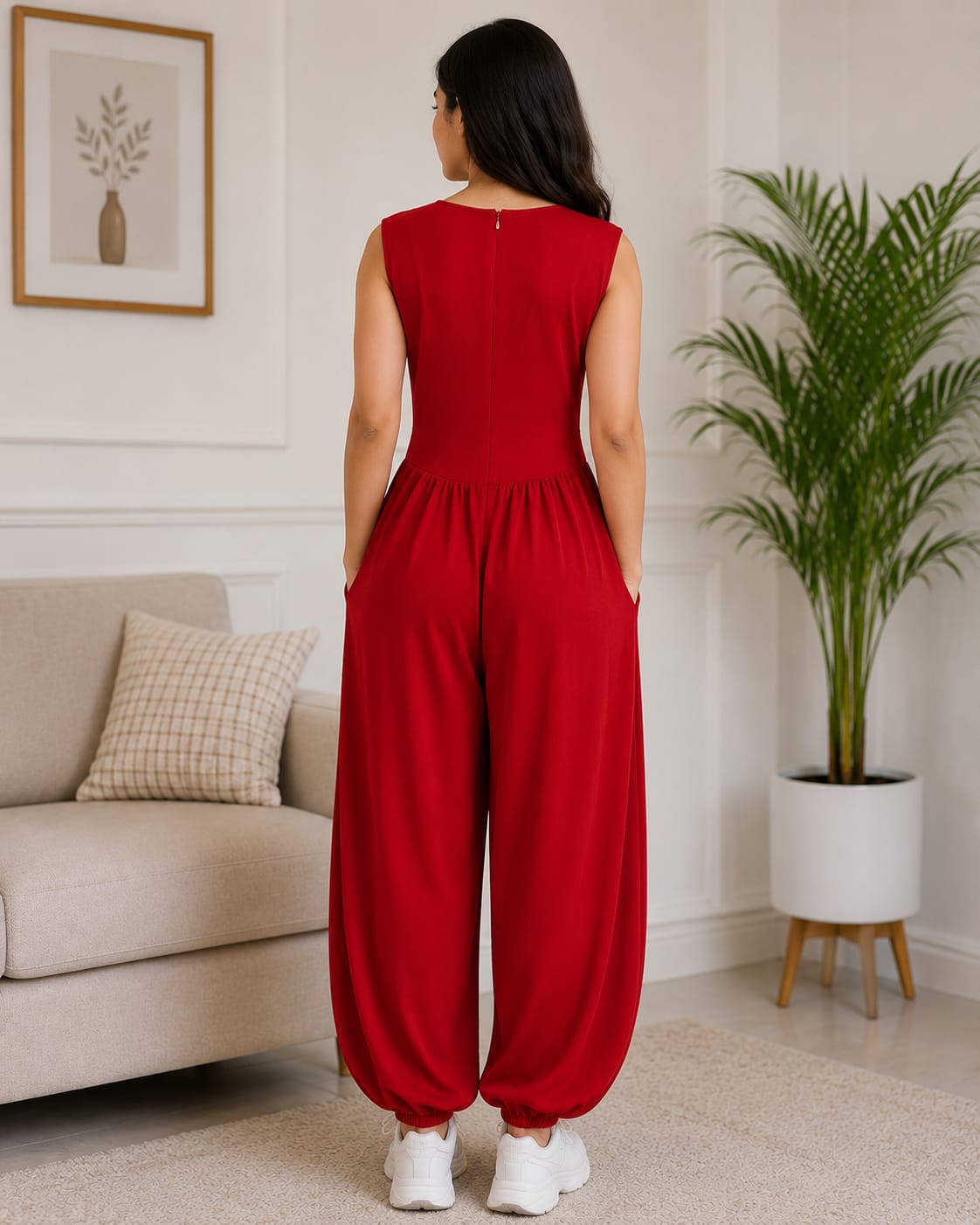 Women's Cherry Red Sleeveless Casual Jumpsuit