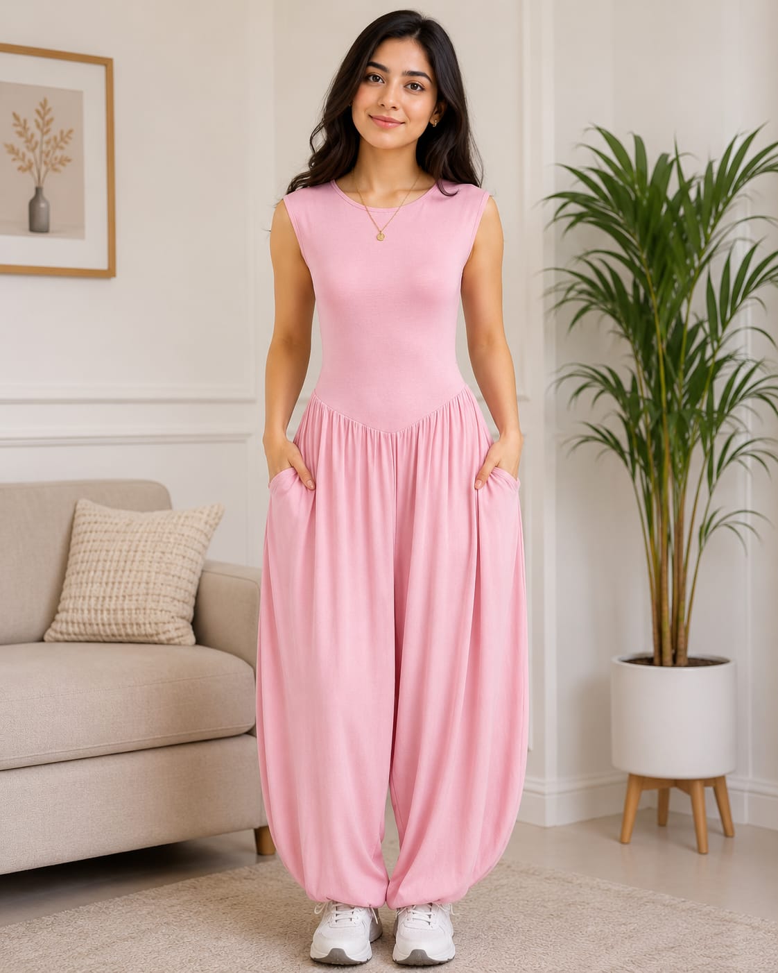 Women's Baby Pink Casual Sleeveless Jumpsuit
