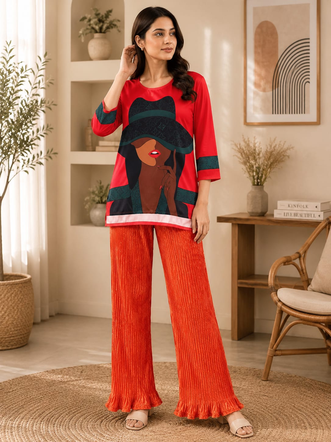 Red Graphic Print Top & Orange Pleated Palazzo Co-ord Set