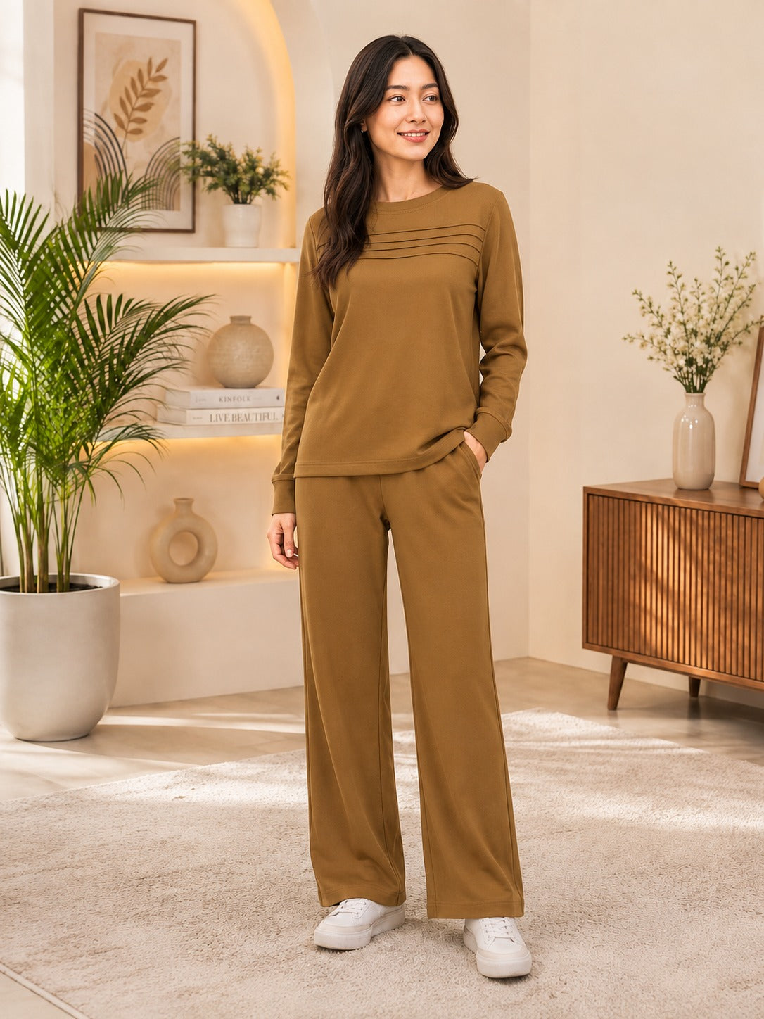 Camel Brown Ribbed Detail Co-Ord Set