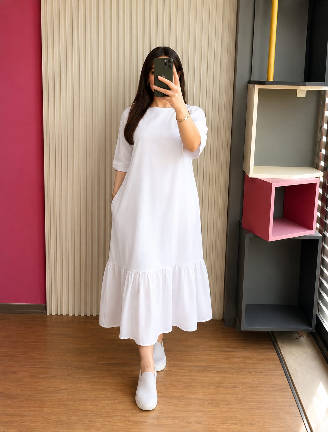 White Ruffle Hem Midi Dress