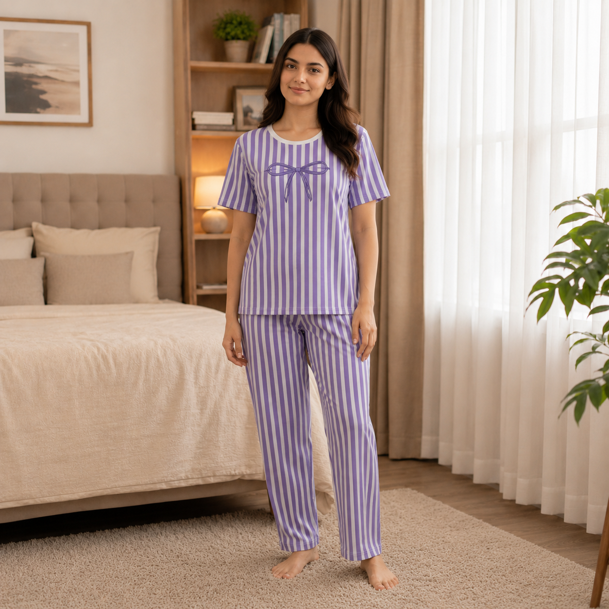 Women's Blue & White Striped Cotton Night Suit Set