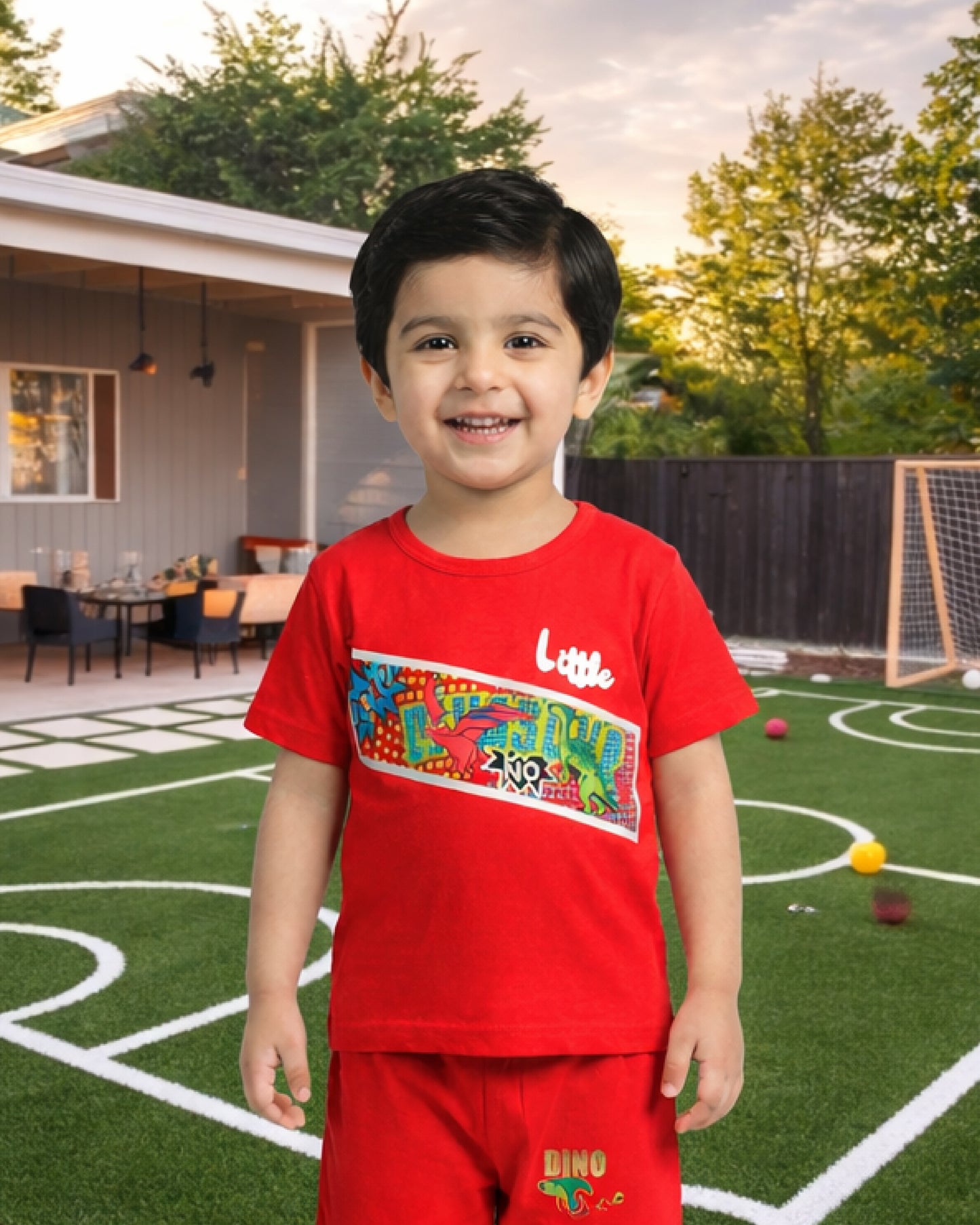 Kids Red Dino Print Summer Outfit – Soft Cotton T-Shirt & Shorts Set for Boys