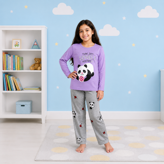 Girls' "Lovely Foodie" Panda Graphic Long-Sleeve Pajama Set