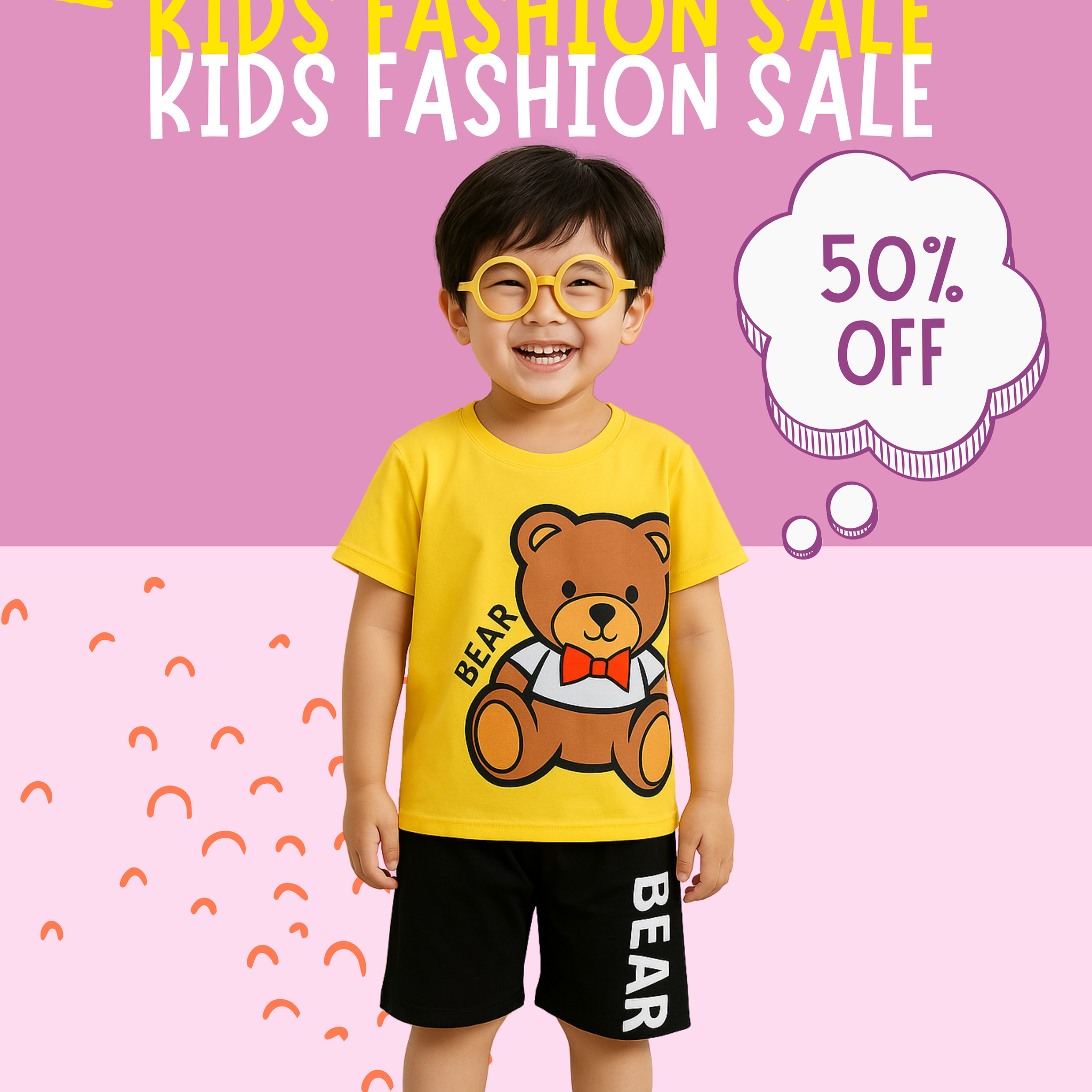 SZ 01- Kids Half Sleeves Short Yellow Black Bear Print