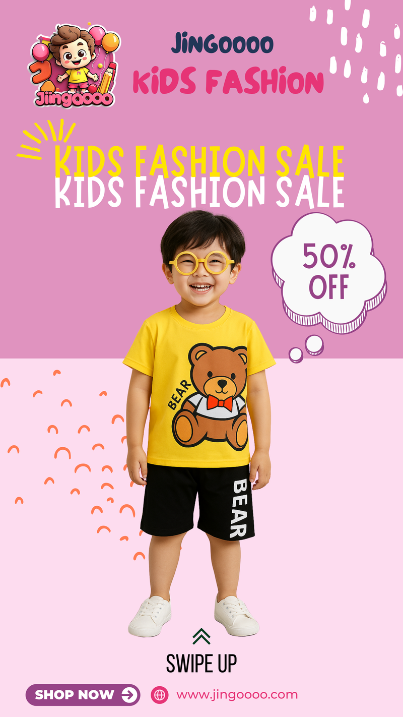 SZ 01- Kids Half Sleeves Short Yellow Black Bear Print