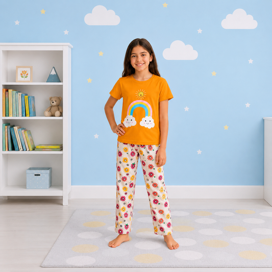 Girls' "Sunny Rainbow" Graphic Tee & Floral Print Pajama Pants Set