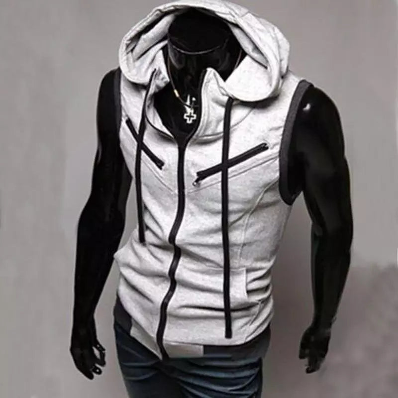 Grey Sleeveless Hooded Zipper Sport Gym Warm