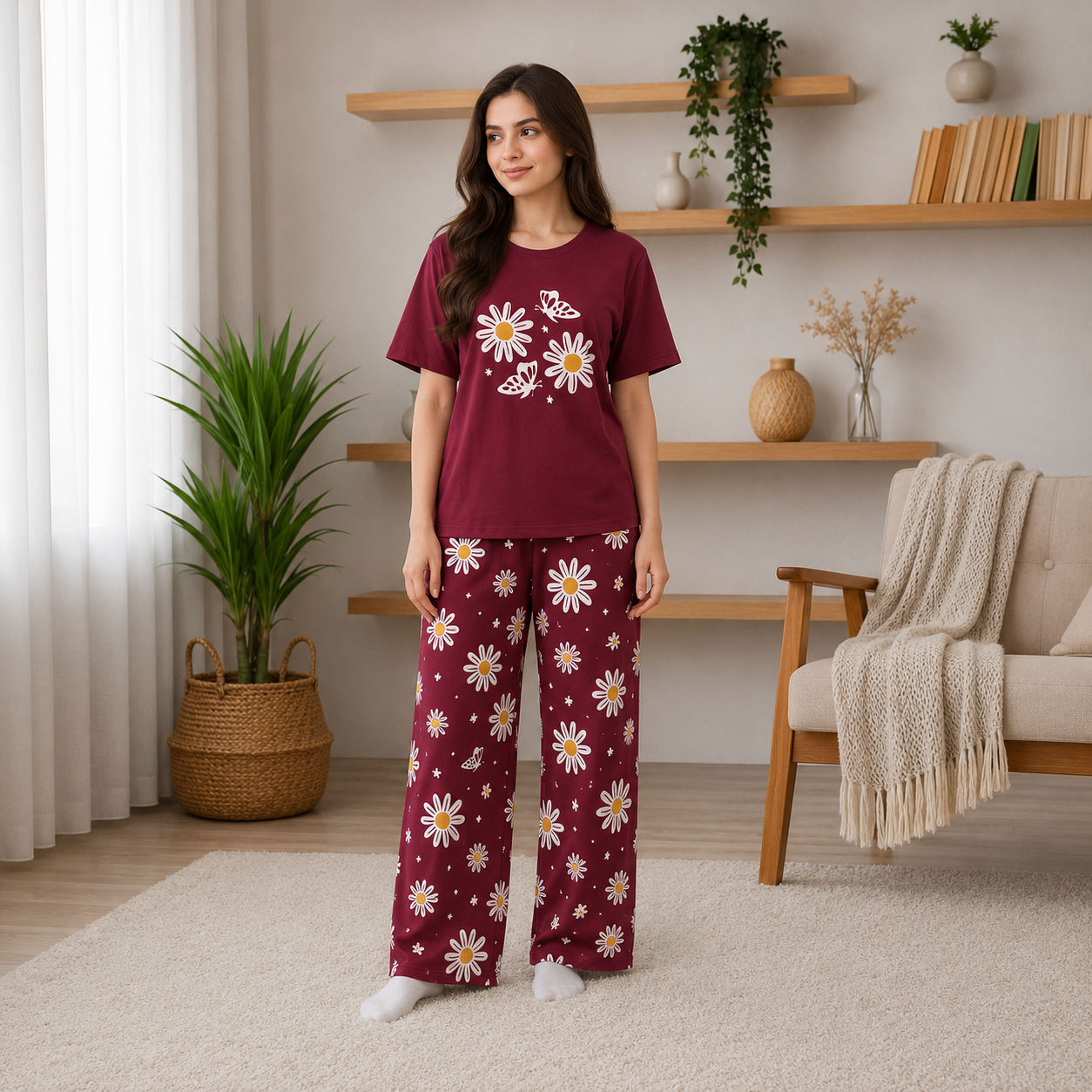 Women's Pink Floral Printed Cotton Pajama Set