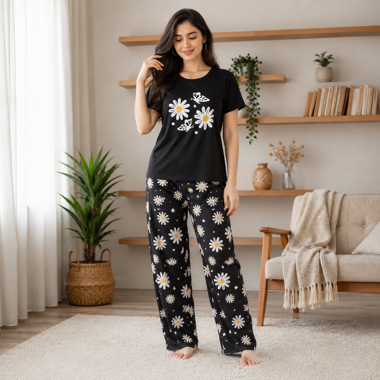 Women's Pink Floral Printed Cotton Pajama Set