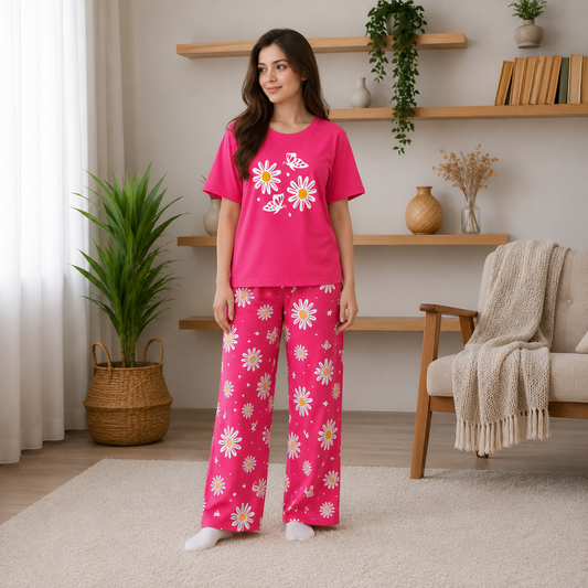 Women's Pink Floral Printed Cotton Pajama Set