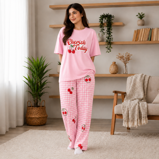 Women's Cherry Print Cotton Sleepwear Set
