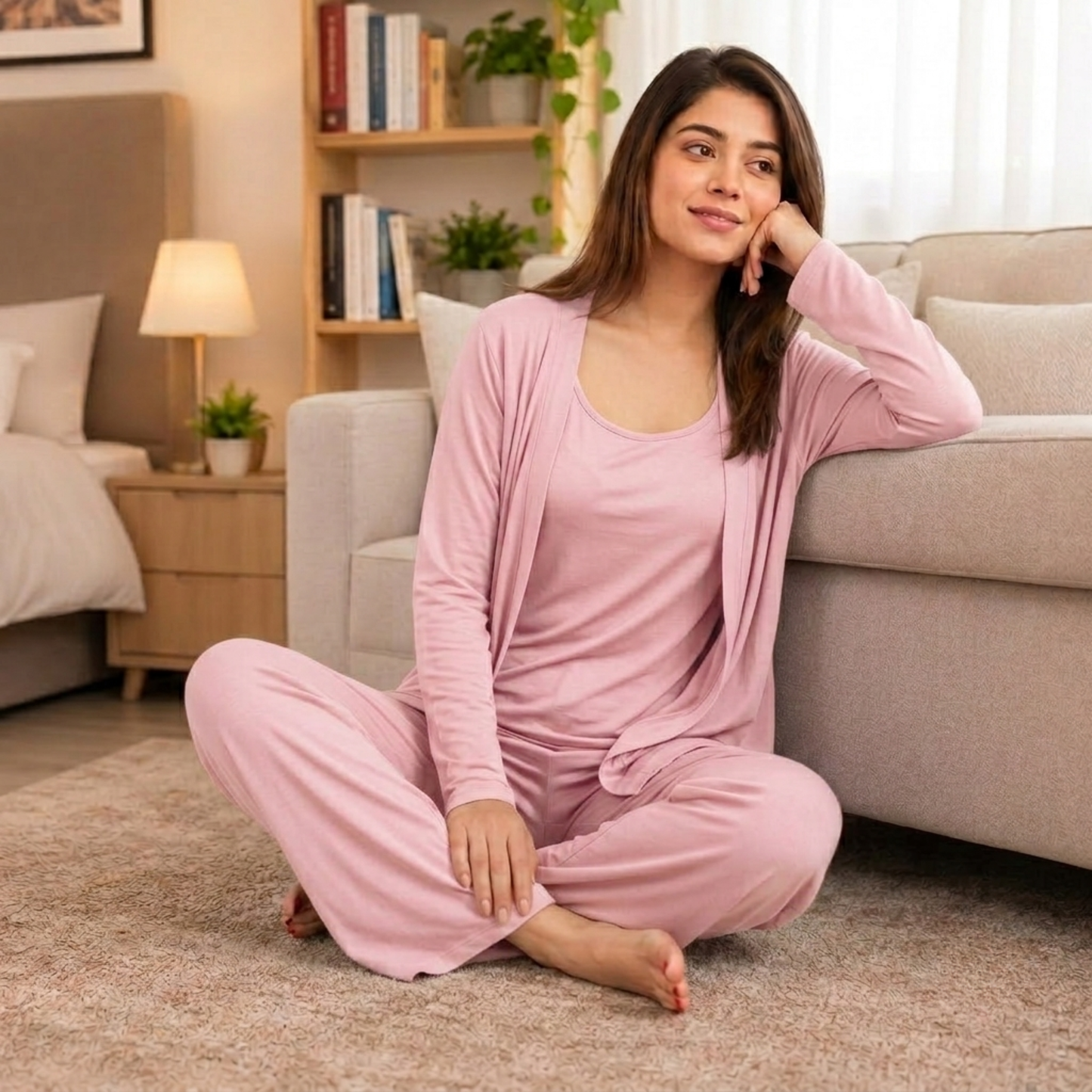 Long Sleeve Women Night Suit PJ Set 3 Pieces