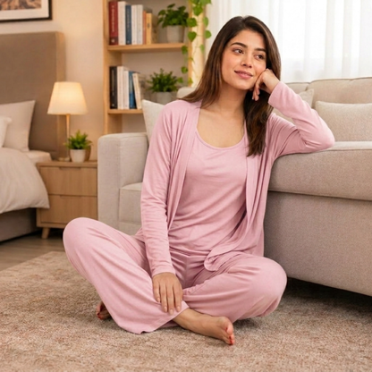Long Sleeve Women Night Suit PJ Set 3 Pieces