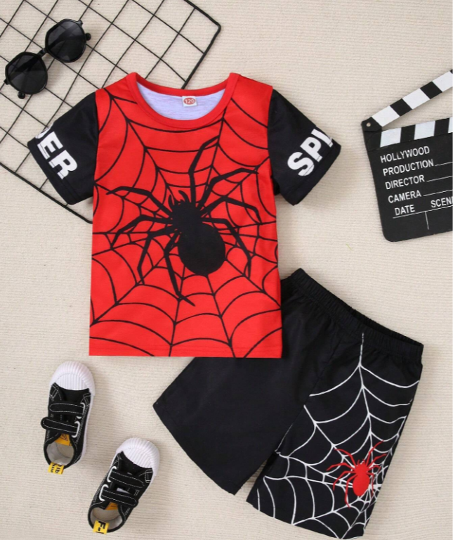 Red & Black Spider Man Print Short Set