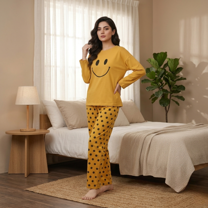 Mustard Smile Printed Night Suit PJ Set