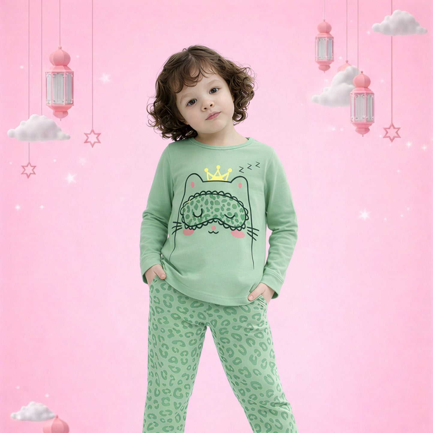 Girls Cute Cat Print Pajama Set – Soft Cotton Night Suit (Mint Green)