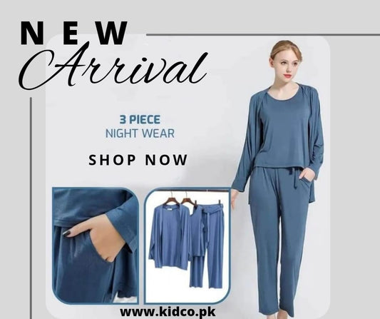 Blue Long Sleeve Women Night Suit PJ Set 3 Pieces