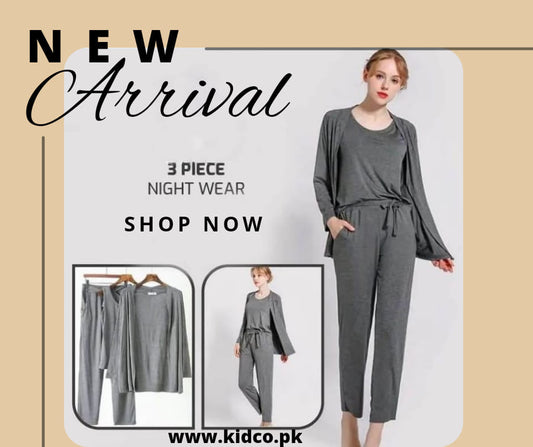 Grey Long Sleeve Women Night Suit PJ Set 3 Pieces