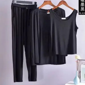 Black Long Sleeve Women Night Suit PJ Set 3 Pieces