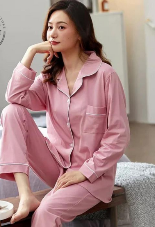 Pink Silk Night Suit Turn Down Collar Long Sleeves