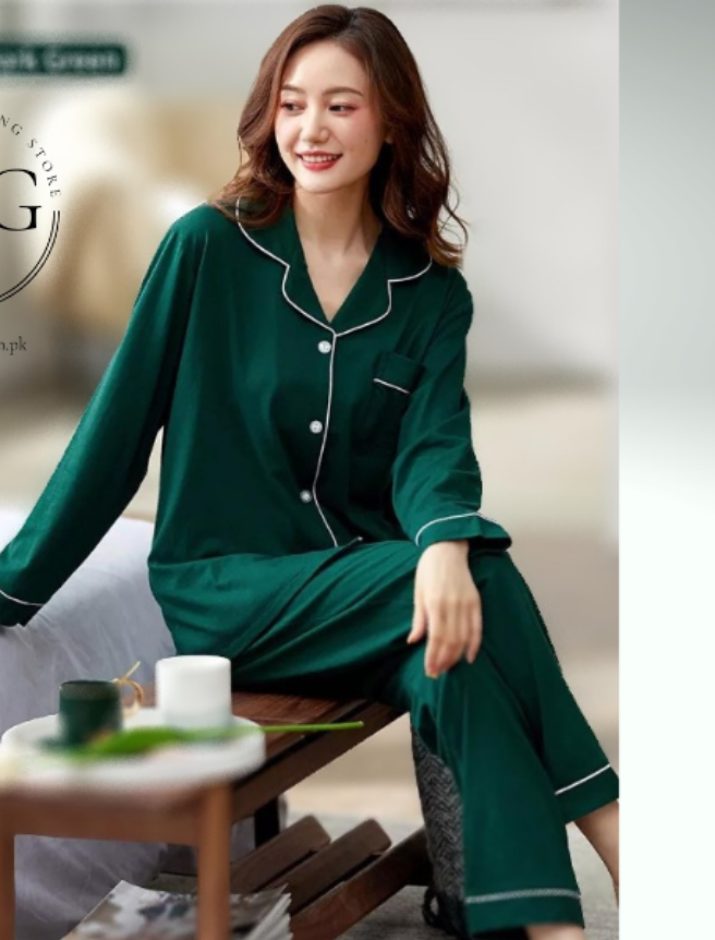 Bottle Green Silk Night Suit Turn Down Collar Long Sleeves