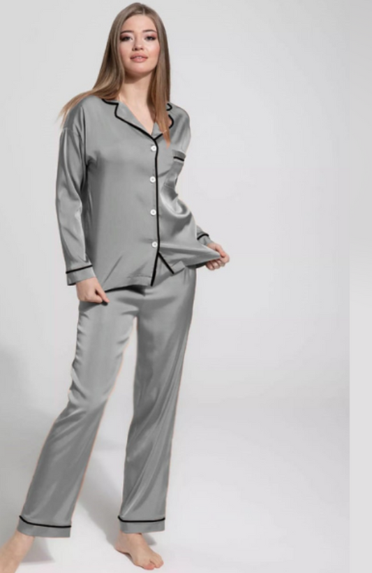 Grey Silk Night Suit Turn Down Collar Long Sleeves