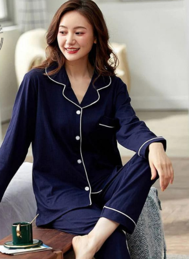 Blue Silk Night Suit Turn Down Collar Long Sleeves