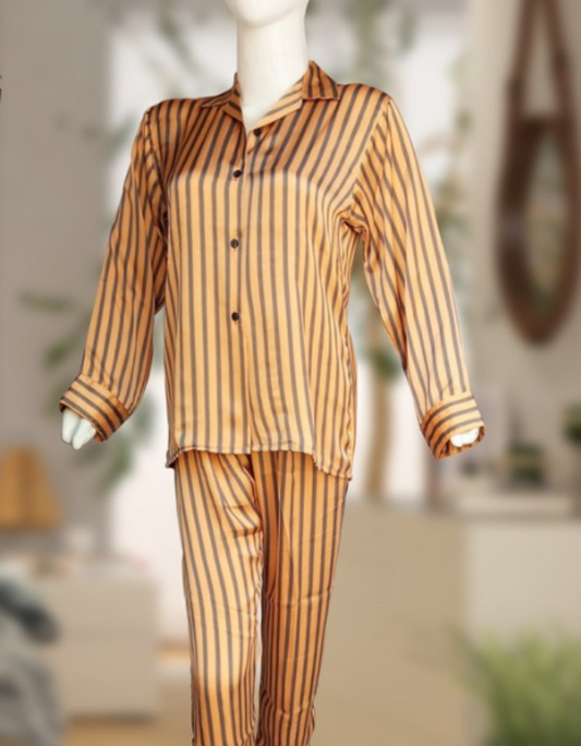 Black & Gold Striped Silk Pajama Set For Women