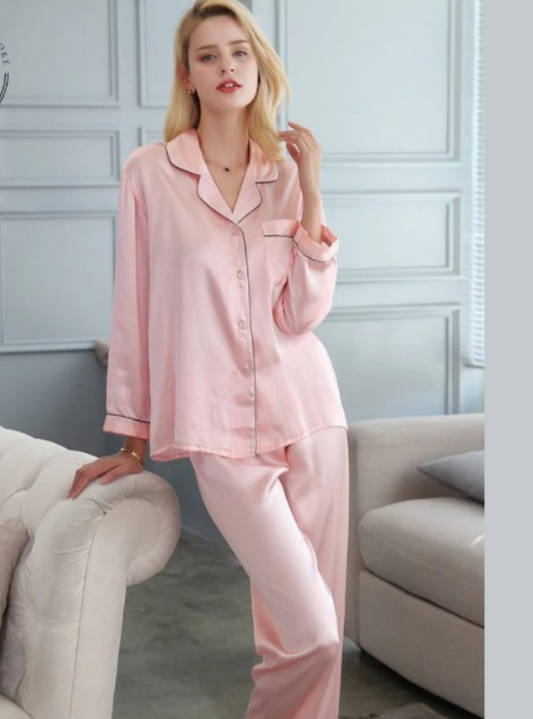 Baby Pink Silk Night Suit Turn Down Collar Long Sleeves