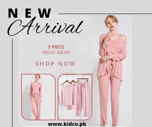 Baby Pink Long Sleeve Women Night Suit PJ Set 3 Pieces