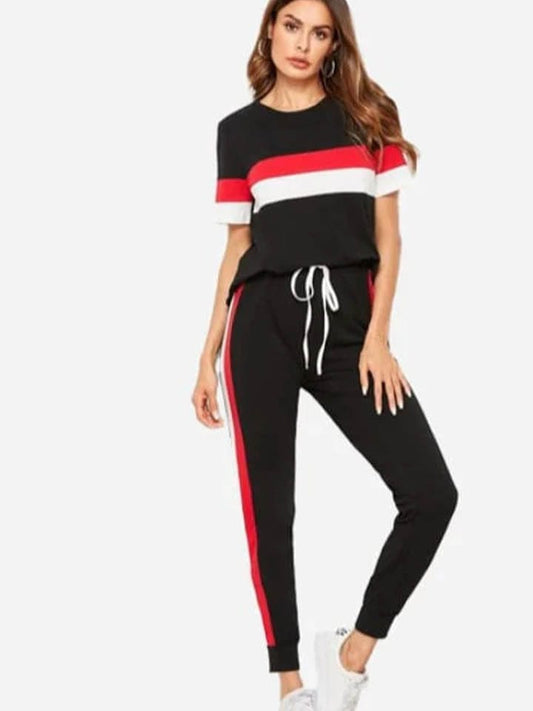 Black Red & White Stripe Tracksuit for Women