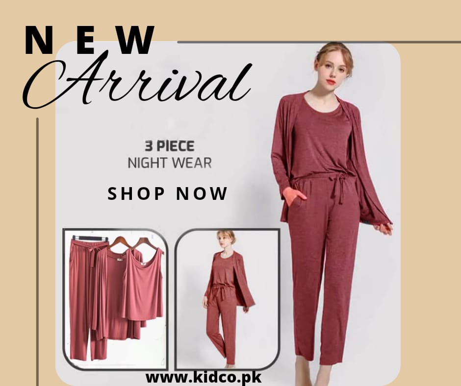 Brown Long Sleeve Women Night Suit PJ Set 3 Pieces